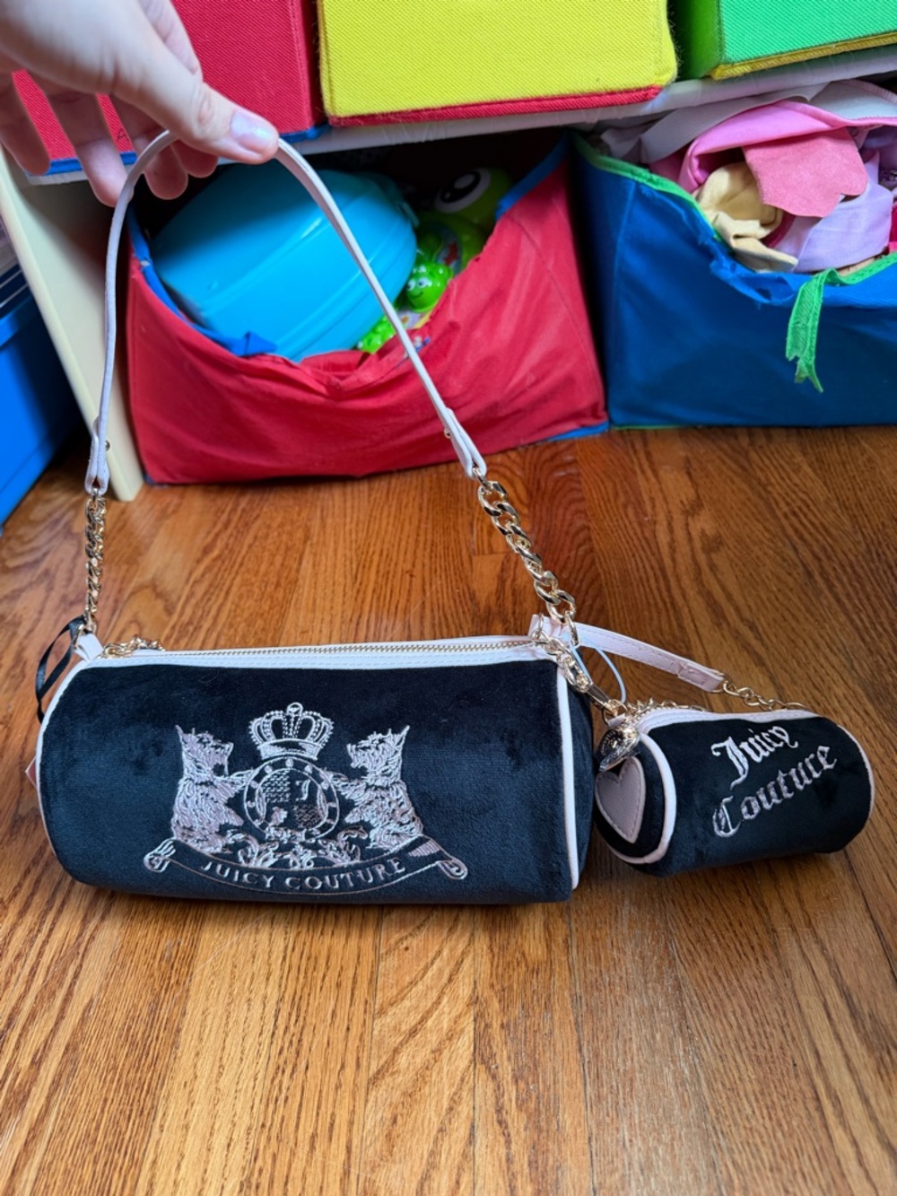 Juicy Couture Black and Pink Barrel Shoulder Bag with Gold Chain